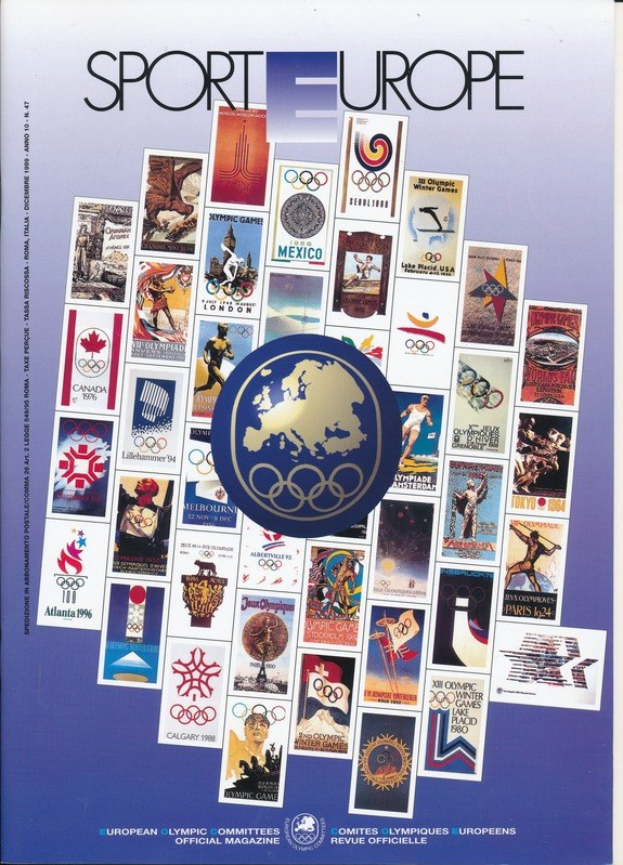Ein Buchumschlag mit dem Titel "Sporting Europe" in leuchtenden Farben und detaillierten Designs mit Olympischen Symbolen und Texten zu den Olympischen Spielen in Europa.