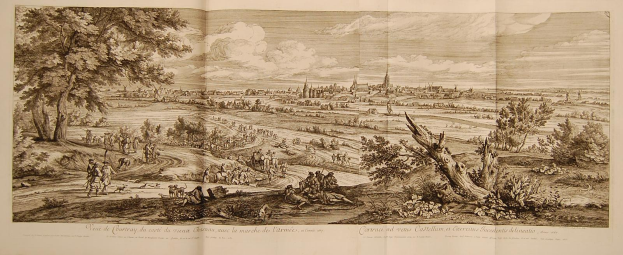 Offenes Buch mit der Aufschrift 'Ansicht der Schlacht von Castellum und Castellium aus der Illustrated London News', das eine Landschaftsillustration mit Menschen, Bäumen, Pflanzen, Gebäuden und Wolken zeigt.