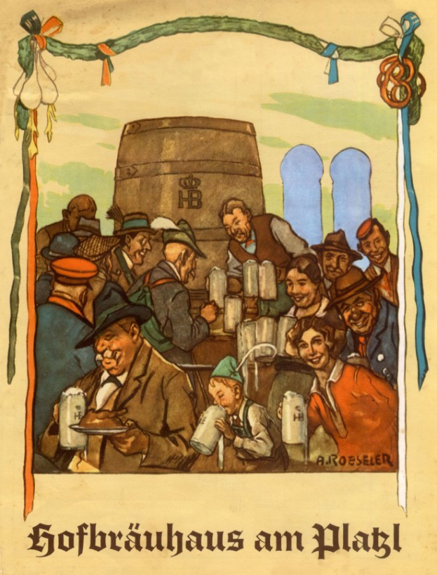 Ein Plakat, das ein Bierfest in Deutschland ankündigt und eine Gruppe von Menschen zeigt, von denen einige Gläser halten, mit einem Fass im Hintergrund und deutschem Text unten.