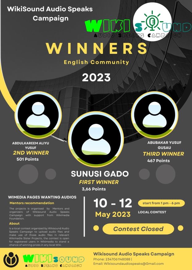 Buntes Plakat mit blauem Hintergrund und gelber und weißer Schrift, betitelt "Gewinner" in fetten Großbuchstaben, zeigt im Zentrum lachende Menschen, die die Kampagnengewinner feiern.