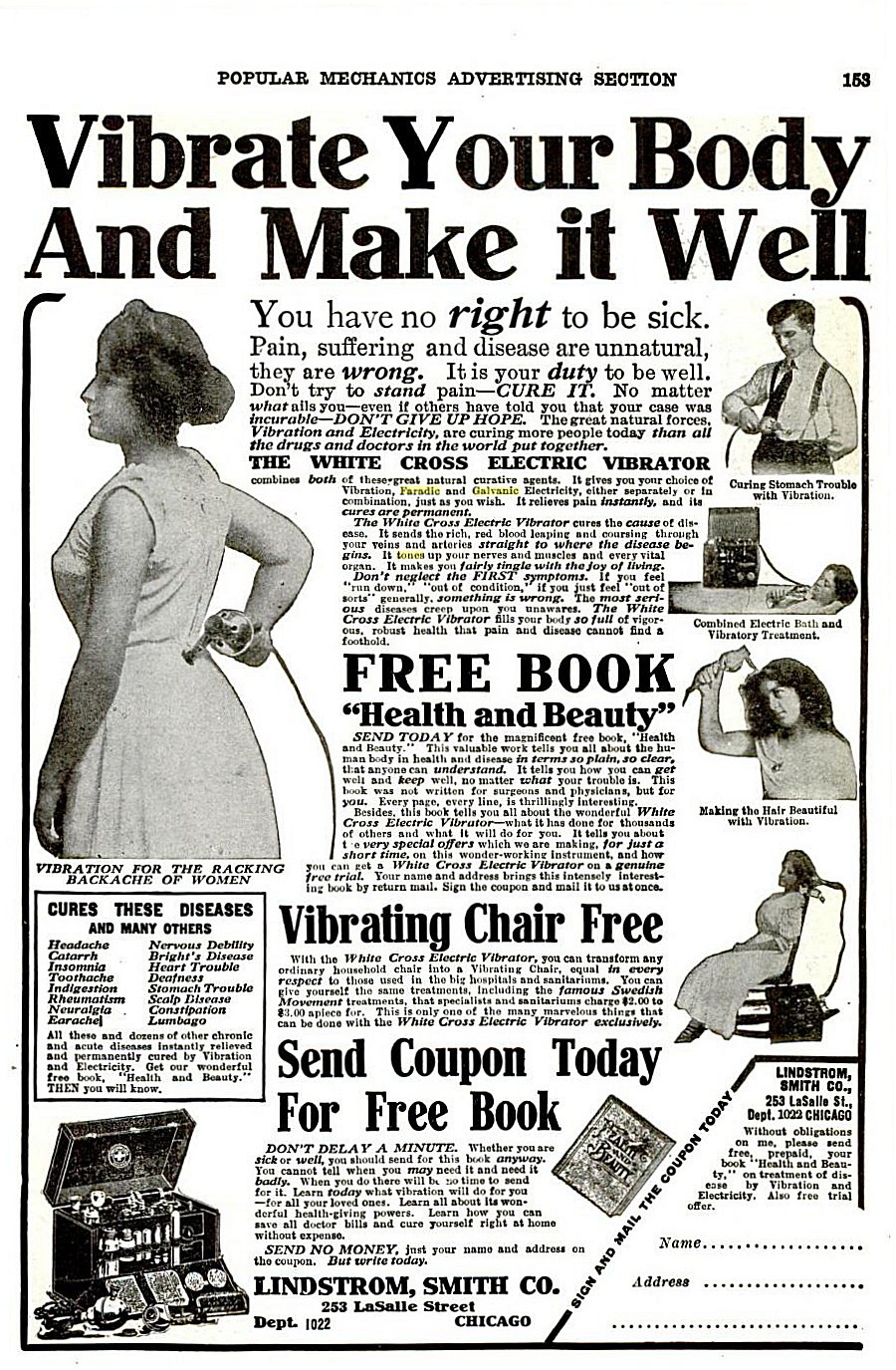 Ein Plakat zeigt eine Frau in einem weißen Kleid mit einem gemusterten Schal, die Arme verschränkt und den Kopf hocherhoben, mit der großen Aufschrift "Vibriere deinen Körper und mache ihn gesund."