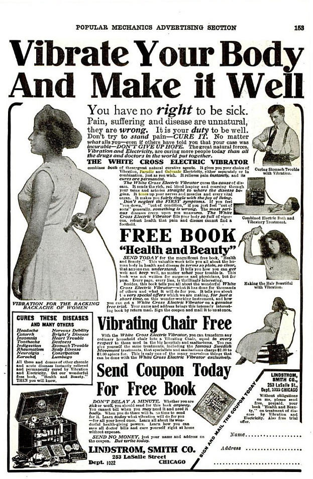 Ein Plakat zeigt eine Frau in einem weißen Kleid mit einem gemusterten Schal, die Arme verschränkt und den Kopf hocherhoben, mit der großen Aufschrift "Vibriere deinen Körper und mache ihn gesund."