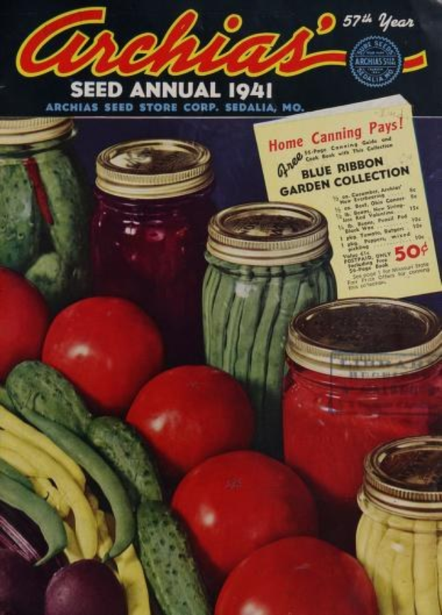 Ein Buch mit dem Titel "Archias Saatgut-Jahrbuch 1941" mit einem Cover, das Tomaten, Gurken, Paprika und verschiedene Gemüse in Gläsern zeigt.