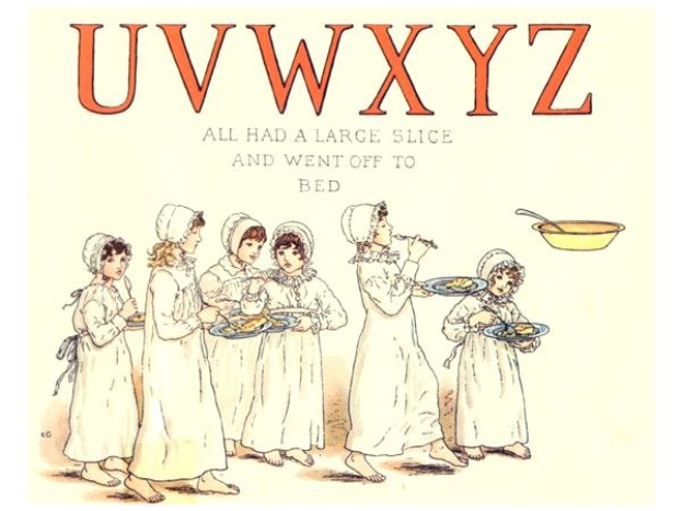 Eine Gruppe von Menschen hält Teller mit Essen in den Händen, mit einer Schüssel und einem Löffel auf der rechten Seite und einem Text oben mit der Aufschrift "Uwxyz - Alle hatten ein großes Stück und gingen ins Bett."