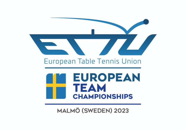 Logo der Europäischen Tischtennis-Union (ETTU) mit dem Text "Europäische Mannschaftsmeisterschaften" darunter, das einen blauen Kreis mit einem weißen Tischtennisschläger und einen weißen und blauen Rand zeigt.
