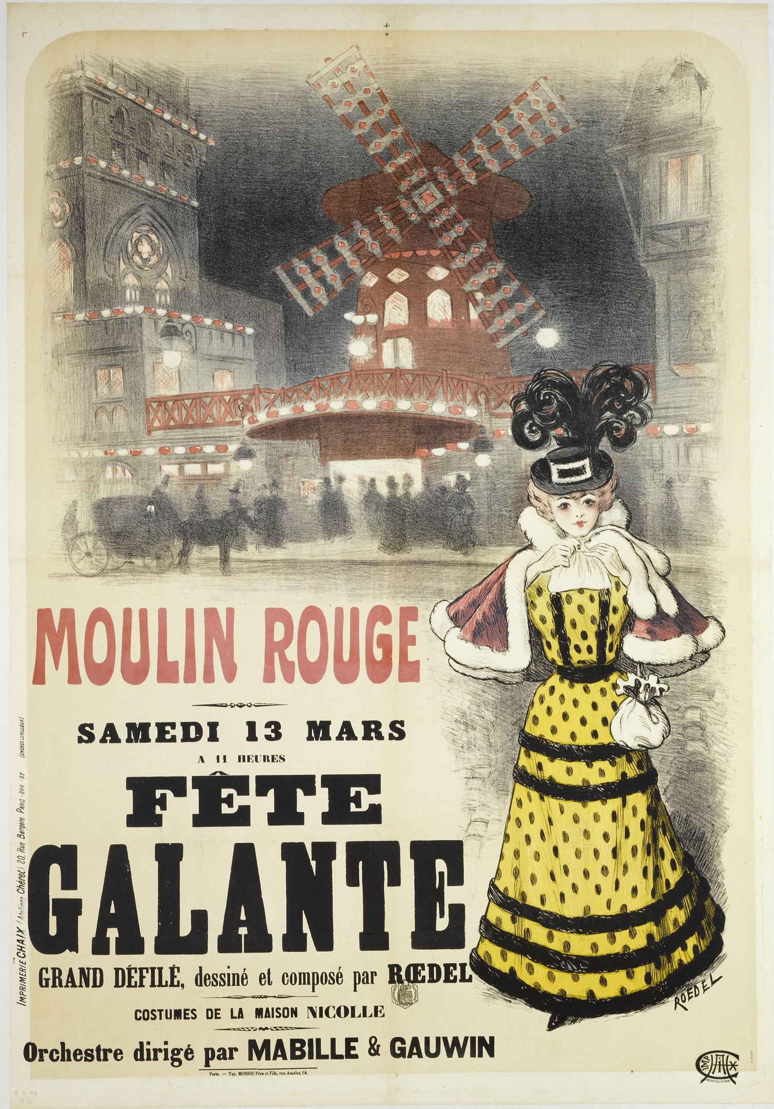 Plakat, das ein Moulin Rouge Fête Galante ankündigt, mit einer Frau in einem gelben Kleid vor einem Gebäude mit einer Windmühle und einem Text, der das Ereignis beschreibt.