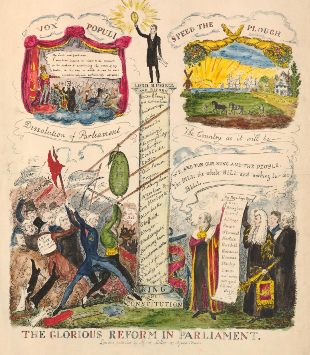 Ein bunt illustrierter Dokument titled "Die glorreichen Reform in Parlament", mit fetter Schrift und verschiedenen lächelnden Menschen, symbolisiert Hoffnung und Fortschritt.