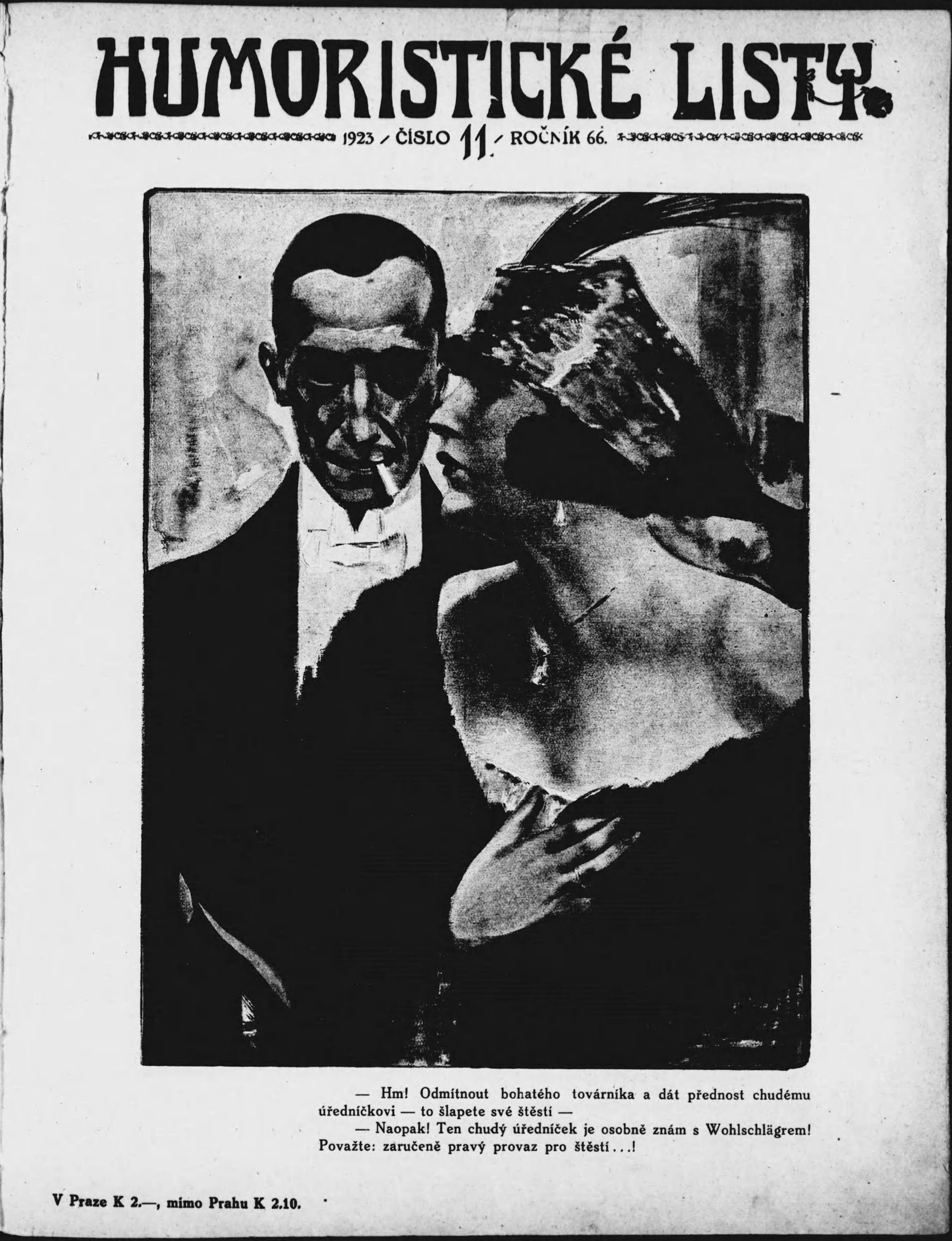 Schwarz-weißes Magazin-Cover mit der Aufschrift 'Humoristische Liste', das einen Mann in einem Anzug mit ernster Miene und eine Frau zeigt, die verschmitzt in eine andere Richtung schaut.