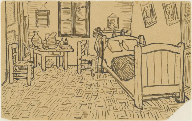 Ein Plakat, das ein Zimmer mit einem Bett, Kissen, Rahmen, Kleidung, einem Stuhl, einem Tisch mit verschiedenen Gegenständen, einem weiteren Stuhl, einem Fenster und Wänden zeigt.