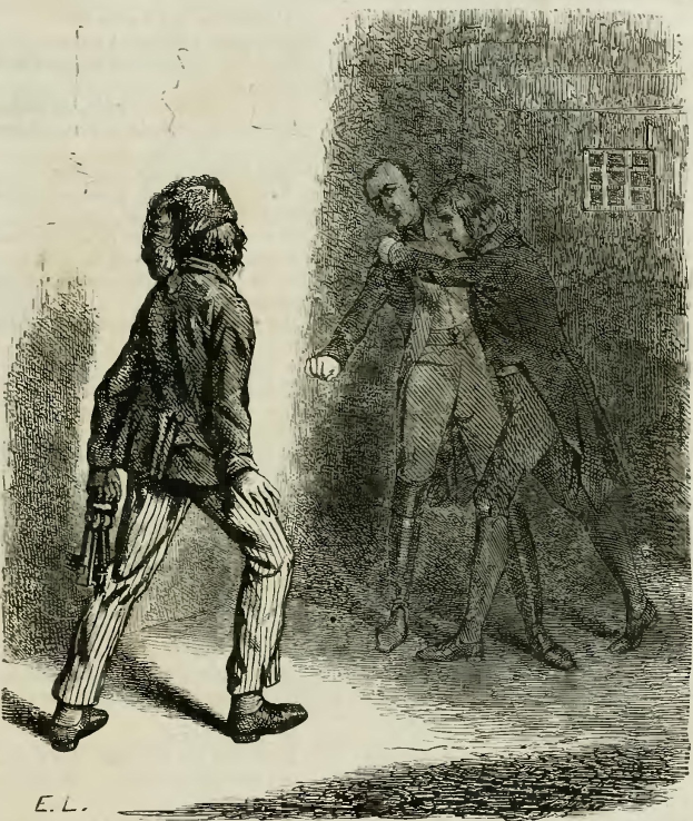 Schwarze und weiße Illustration von zwei Männern vor einem Gebäude, einer hält eine Waffe, mit Text 'Victorian illustration of a man being arrested by a police officer' unten.