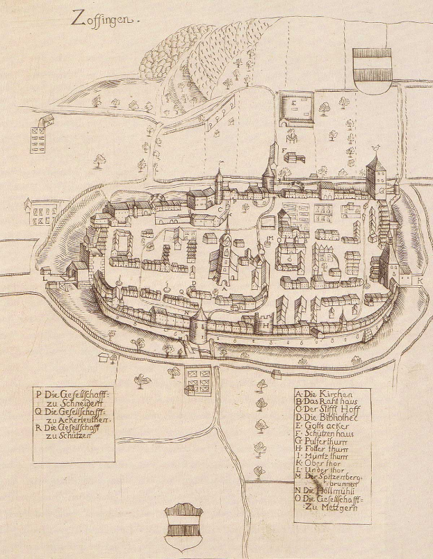 Ein detaillierter alter Stadtplan von Zoffingen, Deutschland, der den Stadtplan mit Straßen, Gebäuden und Bäumen zeigt, begleitet von beschreibendem Text.