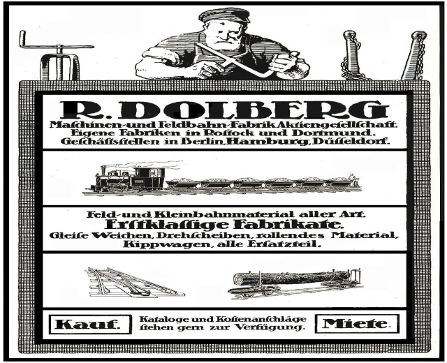 Werbeplakat für R.D. Dolbergs Fabrik in Hamburg, Deutschland, mit Text und Bildern, darunter eine Person, ein Zug und andere Gegenstände.
