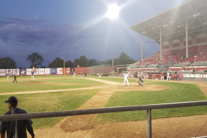 Baseballspiel in einem Stadion mit Zuschauern auf den Rängen, Bäumen, Pfählen, Laternen, Werbetafeln und einem klaren blauen Himmel im Hintergrund.