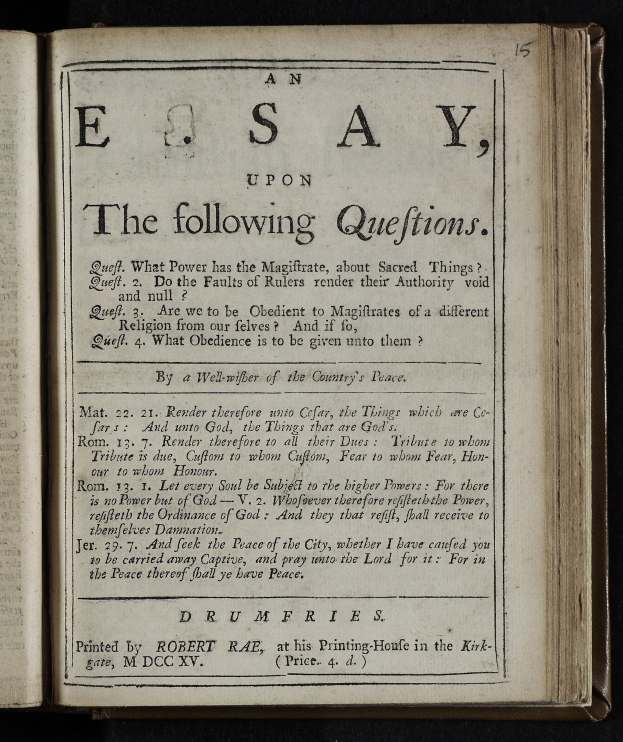 Offenes Buch mit "einer Abhandlung über die folgenden Fragen" auf der Seite gegen einen schwarzen Hintergrund.