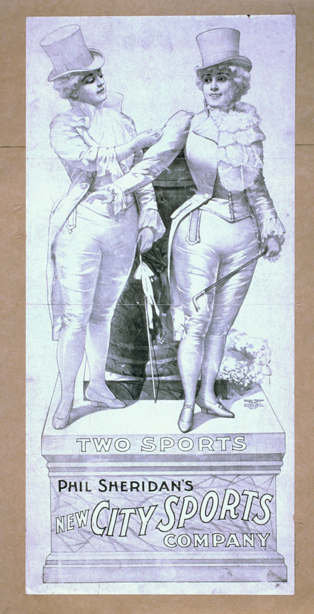 Plakat für Phil Sheridans neues Stadt-Sport-Unternehmen mit zwei Personen nebeneinanderstehend und Text, der das Unternehmen beschreibt.