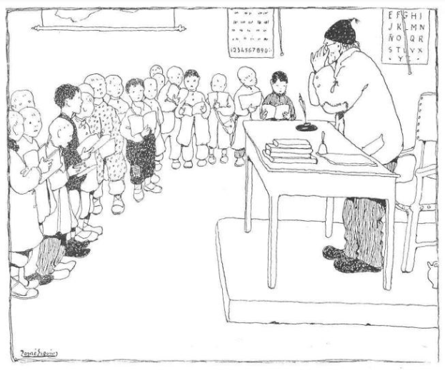 Ein möglich Lehrer sitzt an einem Schreibtisch mit Büchern und Gegenständen vor einer Gruppe von Kindern, mit Papieren an der Wand hinter ihm.