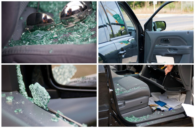 Eine Collage aus vier Bildern: eine Brille auf zerbrochenem Glas, eine Autosicht, ein zerbrochenes Autofenster und ein Autositz voller Glasscherben.
