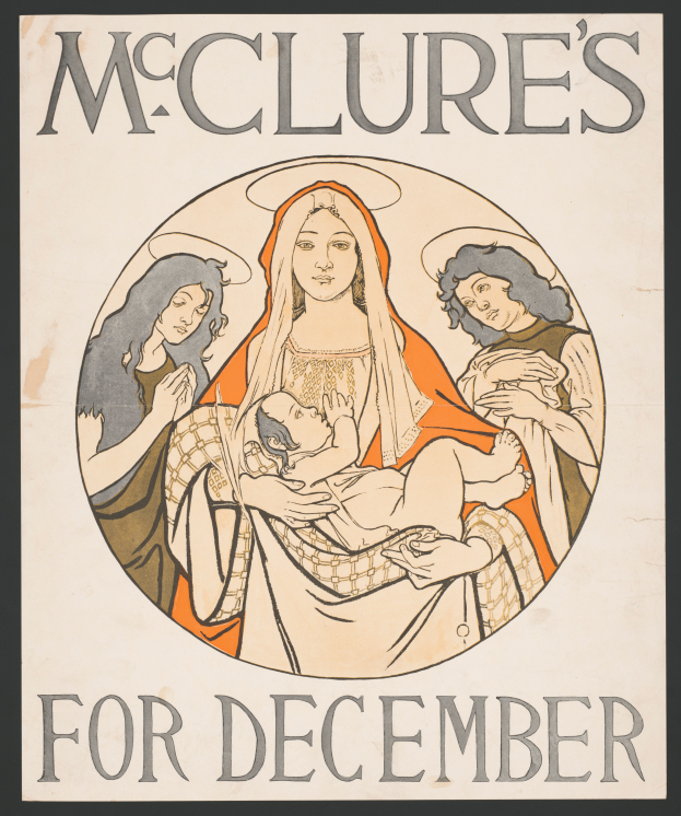 Eine Frau mit einem Baby auf einem Plakat für McClures Dezember-Event mit Text zur Ereignisinformation.