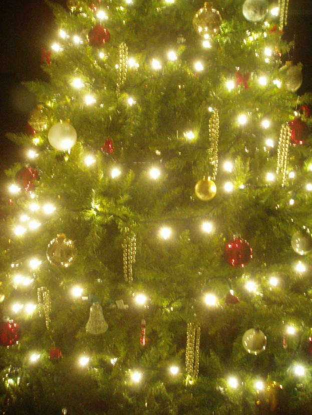 Ein geschmückter Weihnachtsbaum mit Lichtern, Schmuck und anderen Verzierungen an seinen Zweigen.