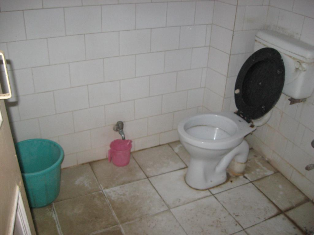 Eine weiße westliche Toilette mit einem weißen Spülkasten auf der rechten Seite, ein pinker Kunststoffbadeeimer auf dem Boden, ein Eimer auf der linken Seite und eine weiße Wand im Hintergrund mit einer Tür.