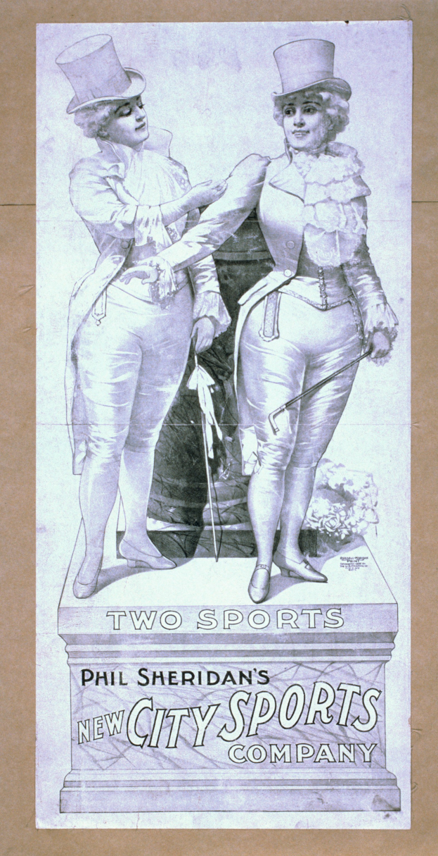 Ein Vintage-Plakat für die New City Sports Company von Phil Sheridan, das zwei nebeneinanderstehende Personen zeigt, mit Text, der das Unternehmen und seine Dienstleistungen beschreibt.