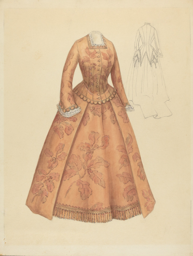 Eine detaillierte Zeichnung eines 18. Jahrhundert-Kostümdesigns mit einem langen Blumenmuster-Kleid mit hohem Kragen, pink und lila Oberteil, blauer Rock und Spitzenbesatz vor einem hellblauen Hintergrund.