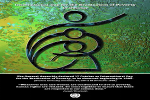 Ein Plakat mit hellblauem Hintergrund und weißem Rand, das ein Logo einer Hand in einem Kreis zeigt, der von Blättern umgeben ist, sowie die Schrift "Internationaler Tag" in fetter weißer Schrift.