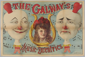 Ein Plakat für die Galway Music Excentrics mit einer Frau in der Mitte und zwei Clowns daneben, mit Text über den Zirkus und seine Künstler.