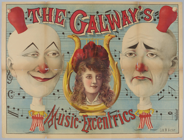Ein Plakat für die Galway Music Excentrics mit einer Frau in der Mitte und zwei Clowns daneben, mit Text über den Zirkus und seine Künstler.