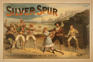 Plakat, das eine Gruppe von Menschen zeigt, die auf dem Boden stehen, einige halten Waffen, mit einem Metalltor, einem Boot auf dem Wasser, Hügeln und einem bewölkten Himmel im Hintergrund, betitelt mit "Silver Spur - Die Piraten werfen die Jungfrau in den Kerker."