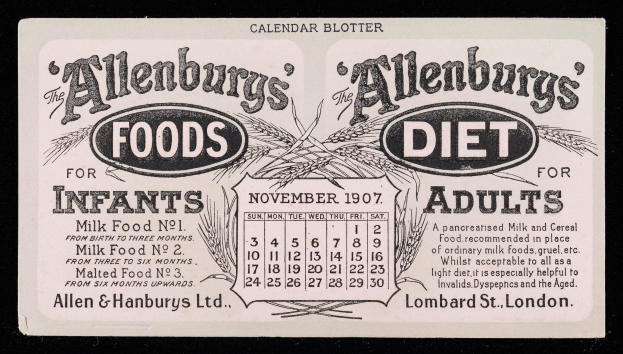 Ein Schwarz-Weiß-Kalender mit der Aufschrift "Allenburgs Nahrungsmittel für Babys und Erwachsene"