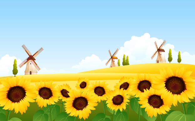 Ein animiertes Bild, das einen Himmel mit Wolken oben, drei Windräder und einige Bäume in der Mitte und eine Gruppe von Pflanzen mit vielen Sonnenblumen unten zeigt.