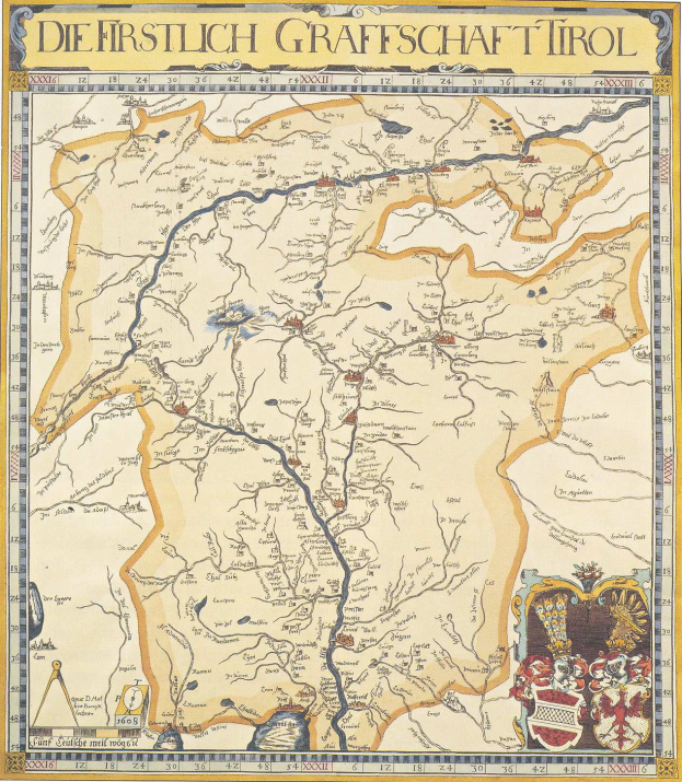 Eine detaillierte Karte der ersten deutschen Grafschaft Tirol, mit geografischen Elementen wie Flüssen, Bergen und Städten, begleitet von informativem Text und Bildern.