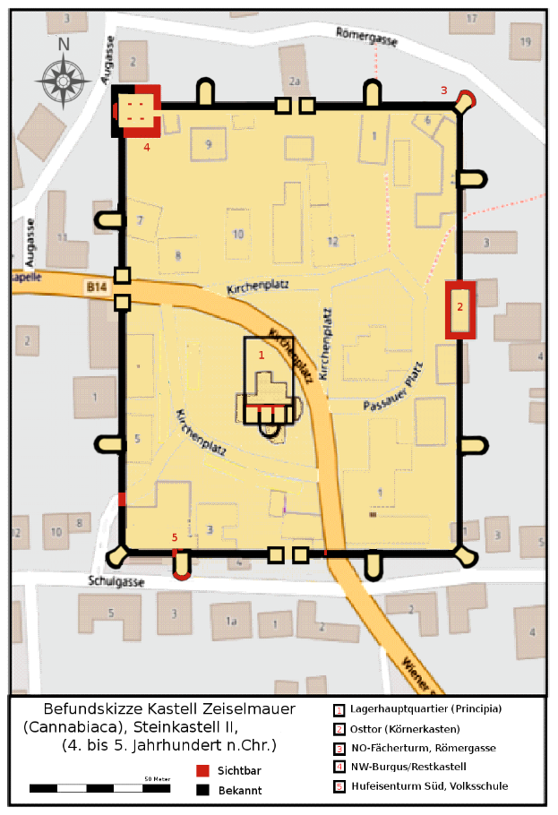 Eine detaillierte Karte von Heidelberg, Deutschland, mit dem Kastell Zeiselmauer in der Mitte, die Straßen, Gebäude und Sehenswürdigkeiten zeigt, zusammen mit Straßennamen und Gebäudestandorten.