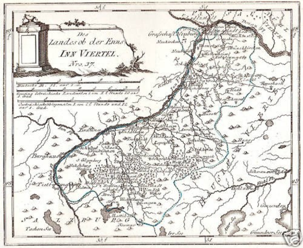 Detailierte Kartendarstellung des Rheins in Deutschland, die seinen gewundenen Verlauf durch die Region mit beschrifteten Landmarken und geografischen Merkmalen zeigt, begleitet von Text und einem Bild einer Säule.