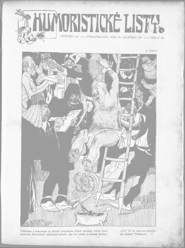 Ein Schwarz-Weiß-Cartoon eines Mannes, der in der Mitte auf einem Stuhl sitzt und von einer Gruppe von Menschen umgeben ist, mit dem Text "Humoristische Liste" oben und unten.