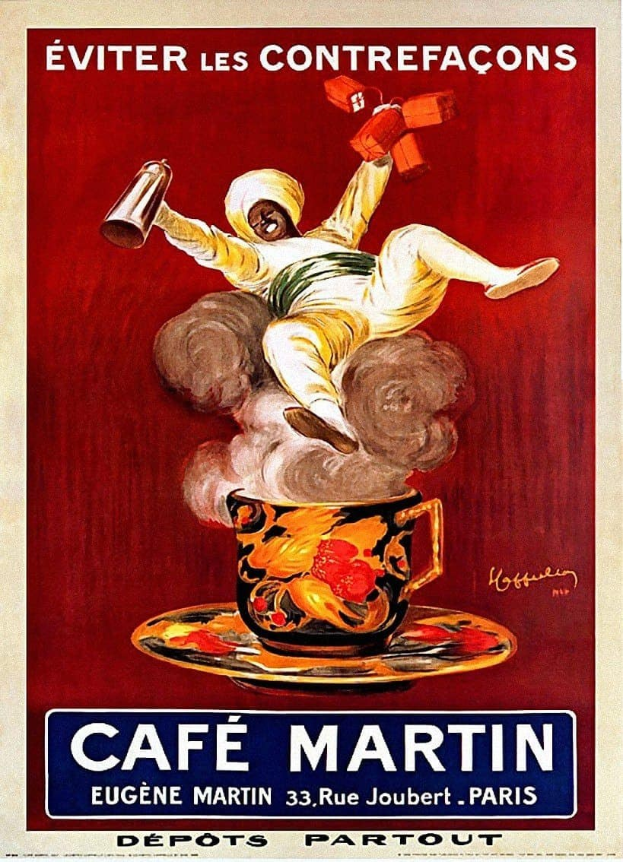Plakat für Café Martin in Paris, das Kaffee und Getränke bewirbt, mit einer Person, die eine Tasse hält und "Café Martin" in fetter Schrift darüber.