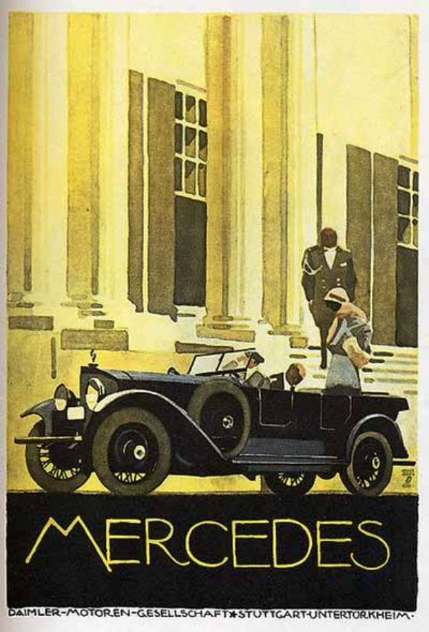 Ein Vintage-Plakat aus den 1920er Jahren, das ein klassisches Mercedes-Benz-Auto zeigt, das vor einem modernen Gl├Ąserturm geparkt ist, mit zwei Personen im Auto und 'Mercedes-Benz' in fetter schwarzer Schrift unten.