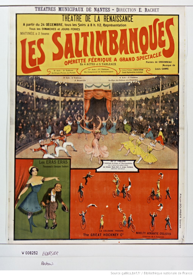 Ein buntes Plakat für das Musical 'Les Saltimbanques' im Theatre de la Renaissance, das eine Zirkusszene mit Künstlern, den Titel in Großbuchstaben oben, eine kurze Beschreibung und eine Liste der Namen der Künstler zeigt.