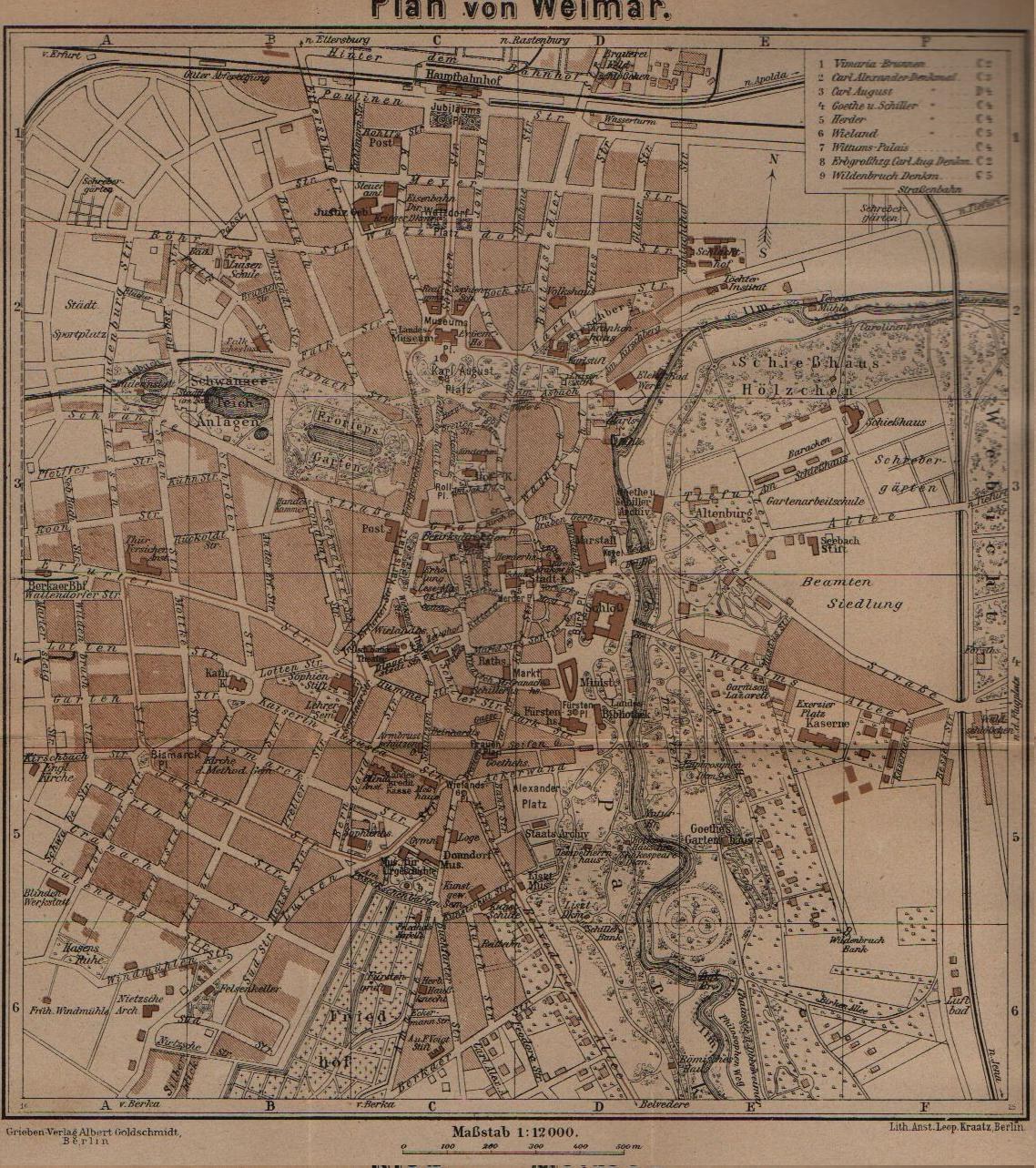 Alte detaillierte Karte von Weimar, Deutschland, mit Straßen, Gebäuden und Sehenswürdigkeiten, mit Text oben und unten.
