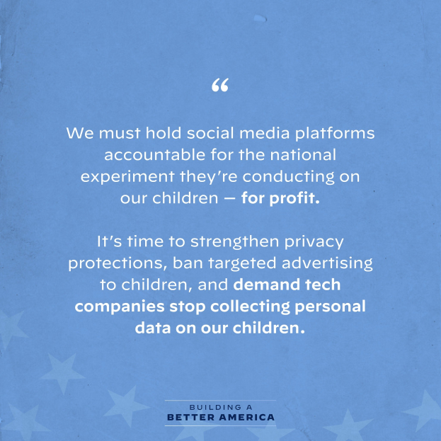 Plakat mit einem Zitat aus Building a Better America, das soziale Medienplattformen für die Schädigung von Kindern zum Profit zur Rechenschaft ziehen soll, verziert mit Sternen.