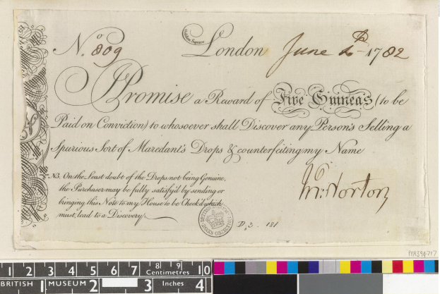 Schwarzes und weißes Dokument mit handgeschriebener Text, amtliches Siegel und Farbskalen, die eine Belohnung von fünf Emiraten für die Meldung von gefälschten Mardant's Tropfen angeben.