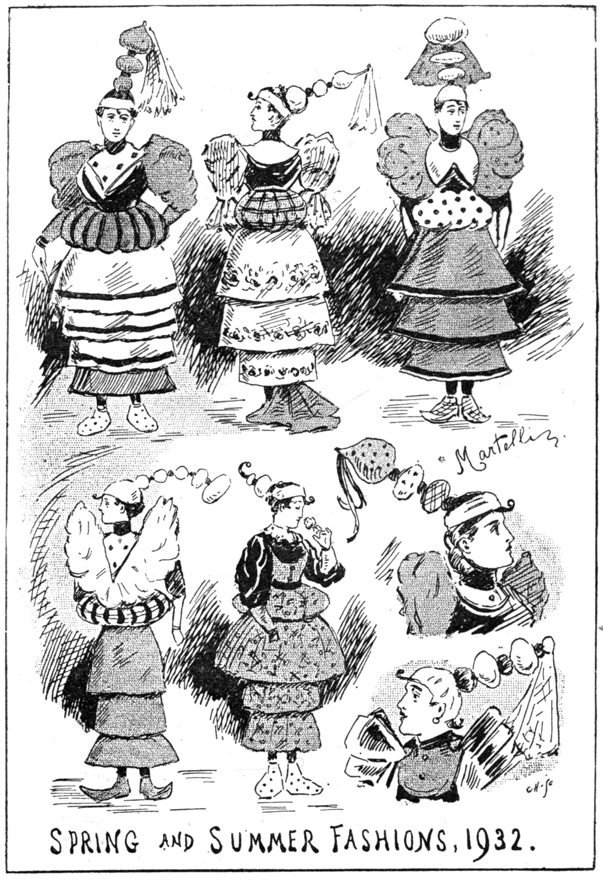 Modezeichnung von Frauen in 1932er Frühlings- und Sommerkleidern mit begleitendem Text.