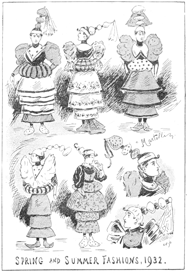 Modezeichnung von Frauen in 1932er Frühlings- und Sommerkleidern mit begleitendem Text.