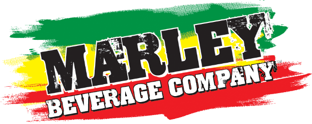 Ein Plakat mit "Marley Beverage Company" in fetter, schwarzer, moderner Schrift auf einem weißen Hintergrund, umgeben von einem hellgelben Rahmen, mit einem vintage-Feeling und gedämpften Farben von Blau, Grün und Gelb.