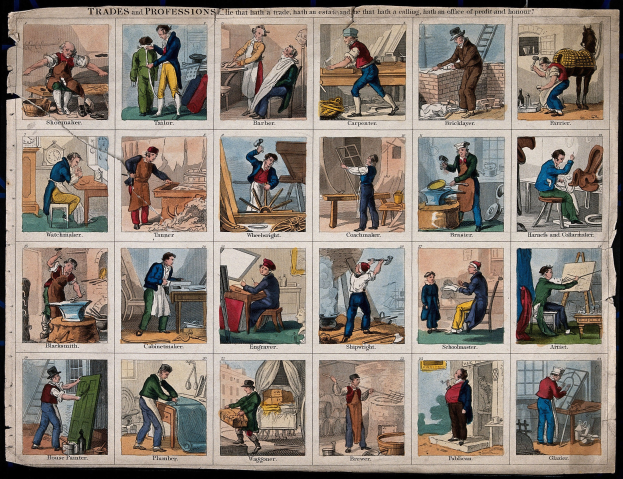 Collage von Menschen in verschiedenen Arbeitsposen mit Werkzeugen und Materialien auf schwarzem Hintergrund, mit Text, der ihre Berufe beschreibt.