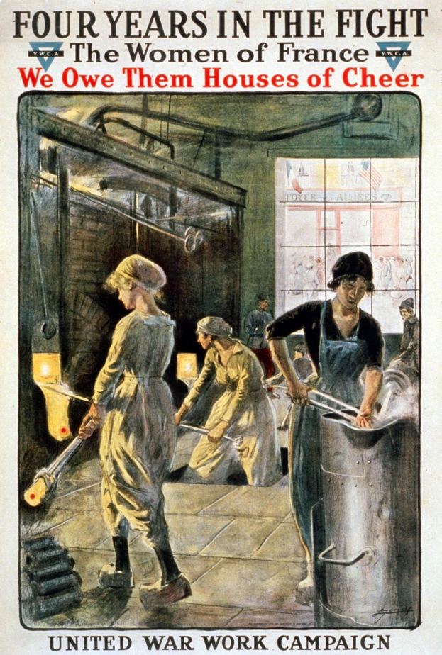 Plakat mit vier uniformierten Frauen in einer Fabrik, die Metallgegenstände halten, mit der Aufschrift "Vier Jahre im Kampf: Den Frauen Frankreichs schulden wir Häuser der Freude", die Stärke und Resilienz vermitteln.