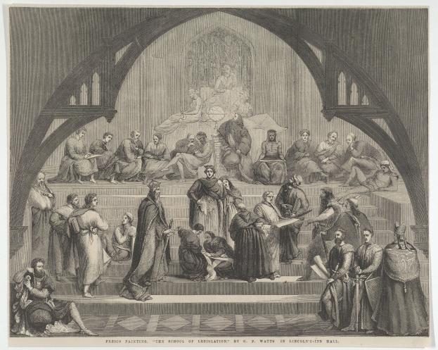 Eine Gruppe von Menschen, die vor einem Gebäude stehen und sitzen, mit Text unten, der 'Die Schule der Gesetzgebung von G.W. Watts in Lincolns Hall' lautet.