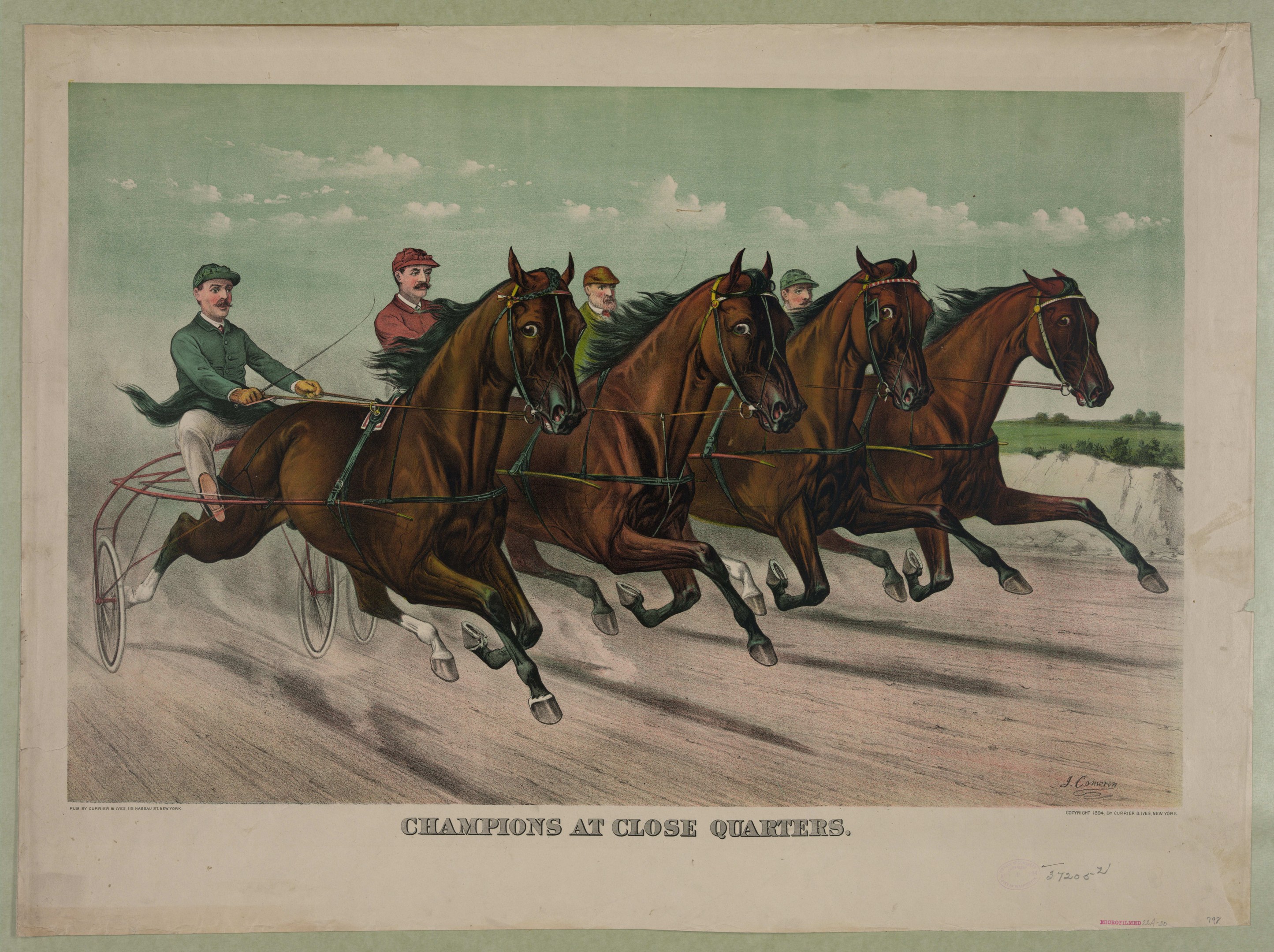 Eine Gruppe von Menschen, die in einer Kutsche vor einem Baumgesäumten Weg unter einem klaren blauen Himmel fahren, mit dem Text "Champions at Close Quarters" unten.