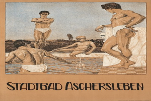 Gruppe von Menschen, die in einem Schwimmbad stehen und sitzen, auf einem Plakat mit Text, der die Schwimmbadangebote in Aschersleben, Deutschland, bewirbt.